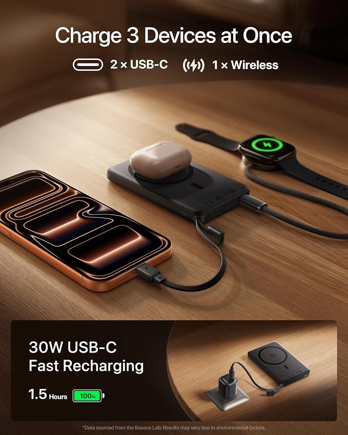 Baseus Picogo AM52 MagSafe Power Bank, Qi2.2 25W 10,000mAh Magnetic Portable Charger, 0.6" Slim Built-in 45W USB-C Cable, Alloy Fast Charging Wireless Battery Pack for iPhone 17/16/15/14/13/12 Only - Image 6