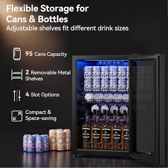 Tehanld 2.5 Cu.Ft Beverage Fridge, Glass Door Mini Fridge, Black, 96 Can | Adjustable Shelves for Wine & Beer, Digital Temp, Holds Up to 96 Cans, Freestanding for Home & Office - Image 3