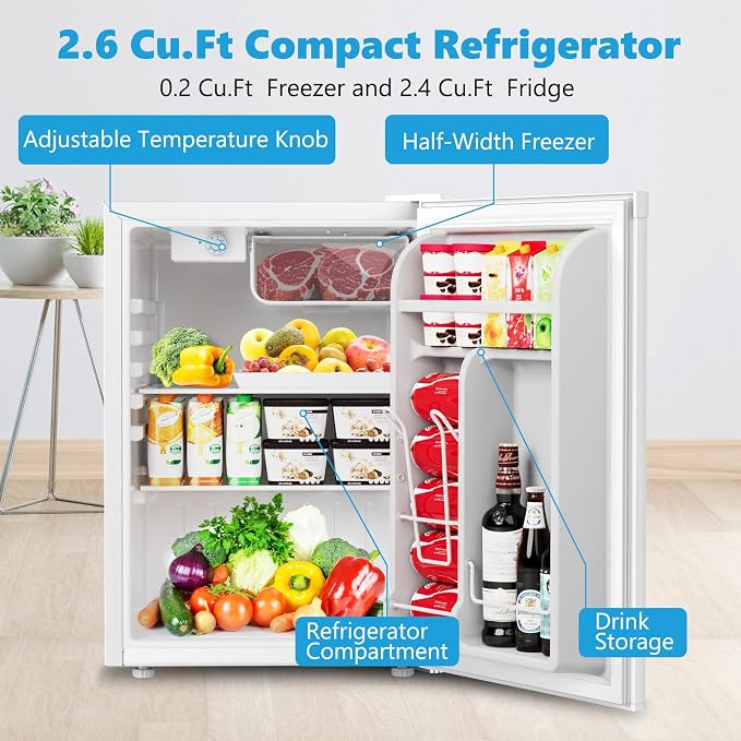 COWSAR 2.6 Cu.Ft Mini Fridge with Freezer for Bedroom Dorm, White | Single Reversible Door, 7 Temperature Settings, Energy Saving, 2 Removable Glass Shelves, Small Refrigerator for Apartment - Image 2