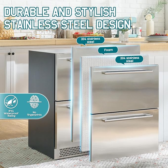 Albott 24 Inch Under Counter Drawer Fridge, Dual-Zone Beverage Refrigerator | Stainless Steel Design, LED Touch Control, Adjustable Storage, Frost-Free, Low Noise, 34℉-68℉, -0.4℉ to 32℉ - Image 3