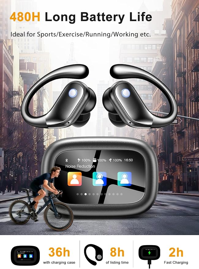 jaddsa Bluetooth 5.4 Wireless Earphones with Touchscreen Control (Mattle Black) - Image 3