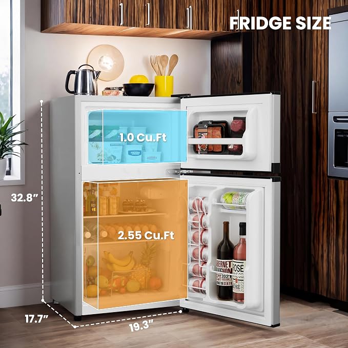 3.6 Cu.Ft Refrigerator with Freezer for Kitchen Office, Silver | Double Door Small Fridge with Freezer, 7-Level Thermostat, Adjustable Shelves & Quiet Operation for Dorm and Bedroom - Image 2