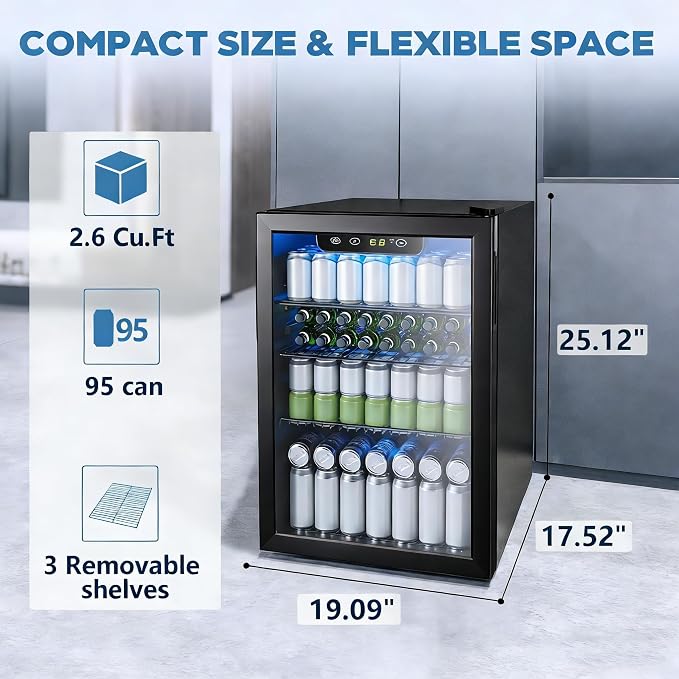Electactic 95 Cans Beverage Refrigerator, 26 Bottle Mini Fridge, 2.7 cu.ft Drink Fridge Digital Temperature Control for Bottled Beer, Soda,Water - Image 2