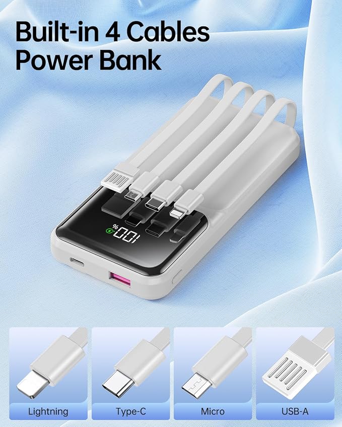 RONEGN Portable Charger with Built in Cable - Power Bank Fast Charging USB C LED Display 10000mah Battery Pack 5 Outputs & 3 Inputs for Travel Essentials iPhone Samsung Android Phones Tablets Grey - Image 3