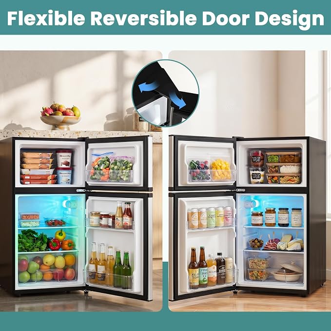 3.2 Cu.Ft Mini Fridge with Freezer, Quiet Small Refrigerator | Double Door, Adjustable Thermostat and Removable Glass Shelves, For Office, Bedroom, Dorm and Apartment - Image 4
