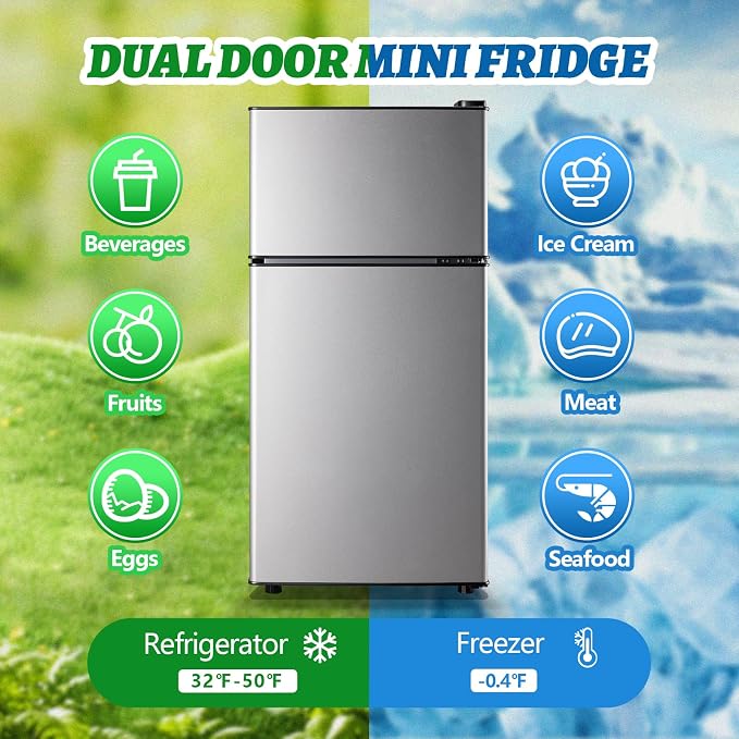 2.4 Cu.ft Mini Fridge with Top Freezer Apartment Size Dual Door Compact Refrigerator for Personal Use Small Fridge with Egg tray, 7 Temperature Control For Dorm, Silver - Image 3