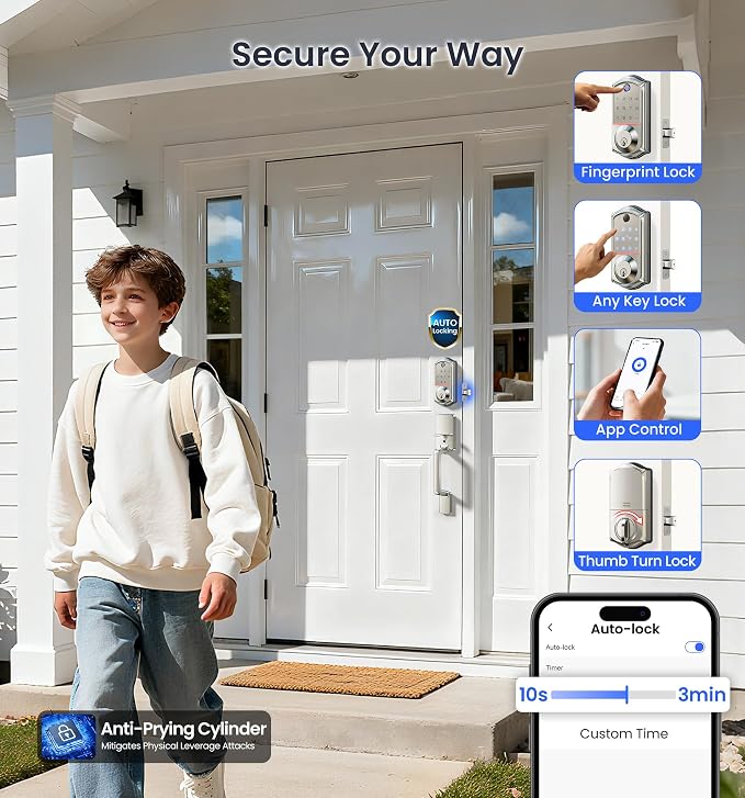 Veise VE017-D Smart Fingerprint Front Door Lock Set, App Control, 8-in-1 - Image 6