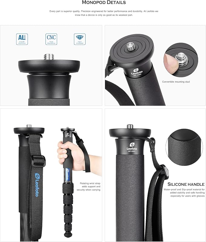 Leofoto MP-365C+VH-10S Monopod and Tilt Head Set, Carbon Fiber, VH-10S Monopod - Image 6