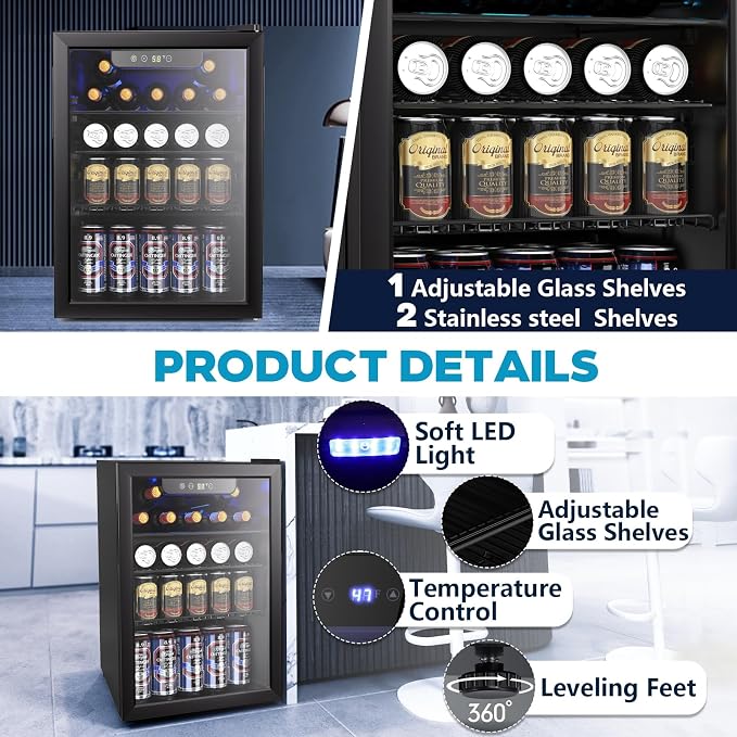 Electactic 2.6 Cu.ft Beverage Refrigerator Cooler, 95 Can Mini Fridge Glass Door with Adjustable Shelves, Digital Temperature Display, Freestanding Small Drink Fridge for Home, Office or Bar(Black) - Image 6