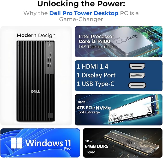 Dell Pro Tower Desktop Computer, Next Gen OptiPlex, 14th Gen Intel i3-14100 (4-Core), 16GB DDR5 RAM, 512GB PCIe SSD, Windows 11 Pro – Reliable Essential Desktop for Small Business & Home Office - Image 2
