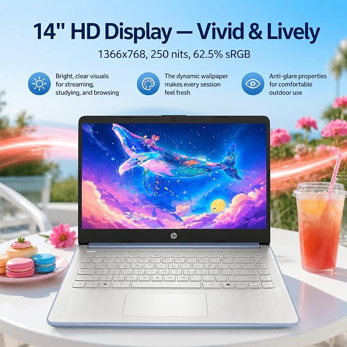HP 14 Laptop for Students and Home Use, Intel Processor N150, 16GB RAM | 128GB UFS+256GB MSD, 14" HD Display, Wi-Fi 6, 1-Year Microsoft 365, Copilot AI Key, Lightweight, Sky Blue, W/Mouse - Image 3