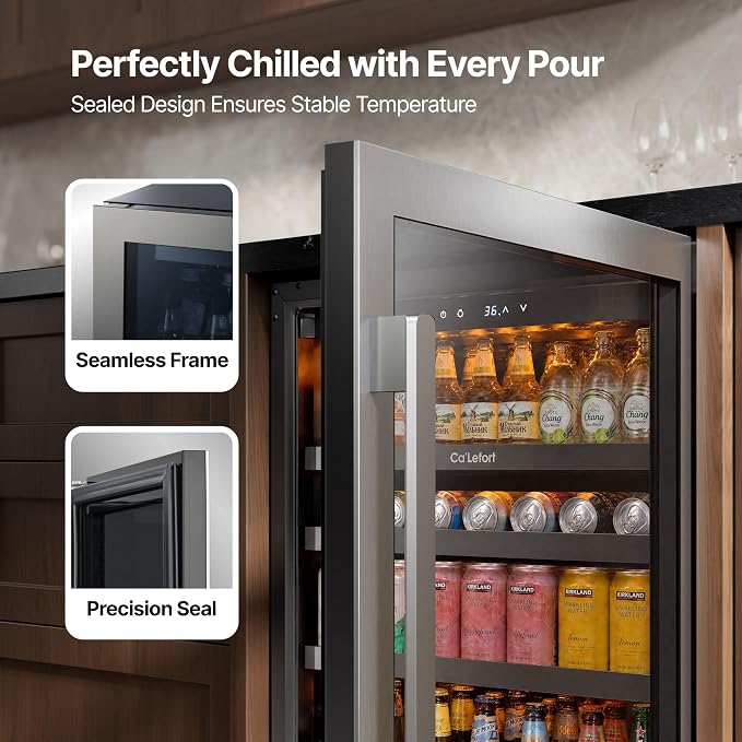 Ca'Lefort Beverage Refrigerator Cooler - 24 Inch Beverage Fridge Under Counter 180 Can with Glass Door, Freestanding or Built-in with 3 Color LED, Drink Cooler for Beer Soda or Wine (Right-Hinged) - Image 4