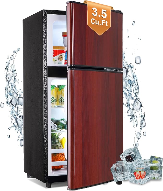 Mini Refrigerator with Freezer 3.5 Cu. Ft. Small Fridge with Freezer Wood | 2 Door Mini Fridge with 7-Level Adjustable Thermostat Removable Shelves, Compact Refrigerator for Office/Dorm/College/RV by Rosmena