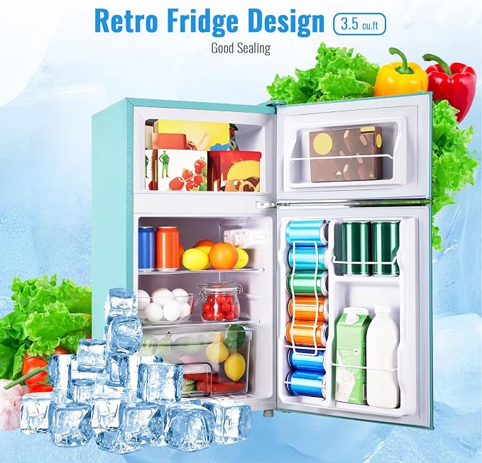 3.5 Cu.Ft Retro Mini Fridge with Handle Compact Refrigerator Blue | Dual Door Refrigerator with Freezer 7 Gears Temperature Control Ideal for Bedroom Dorm Office - Image 2
