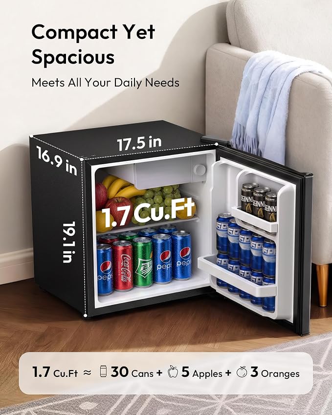EUHOMY 1.7 Cu.Ft Mini Fridge, Reversible Single Door Compact Refrigerator, Adjustable Thermostat, Energy Saving, Mini Fridge for Bedroom, Office, Dorm, Black - Image 3