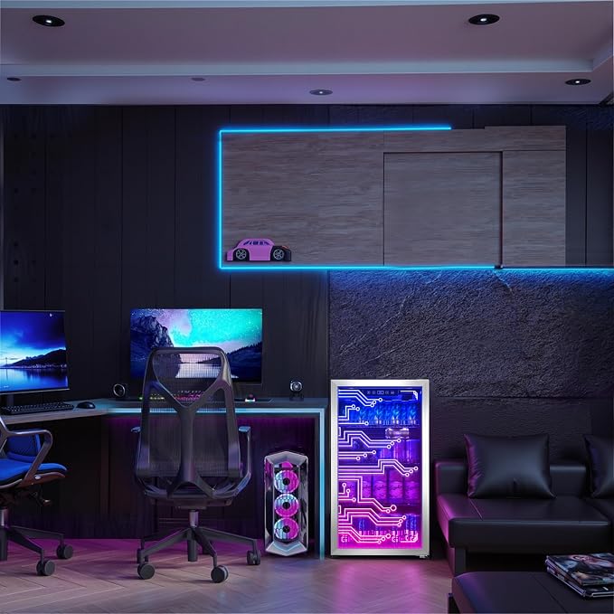 Cyberpunk Beverage Cooler, 130 Can Mini Fridge, LED Light Door, Gaming Room | Colorful LED Ambient Lighting, Freestanding for Bar & Party, Adjustable Shelves for Cans & Bottles - Image 5
