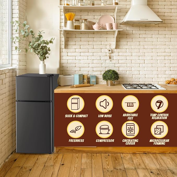 2.4 Cu.ft Mini Fridge with Freezer Dual Door Small Fridge Dark Gray | Bottom Drink Holder 2 Plastic Shelves 7 Temp Control - Image 2