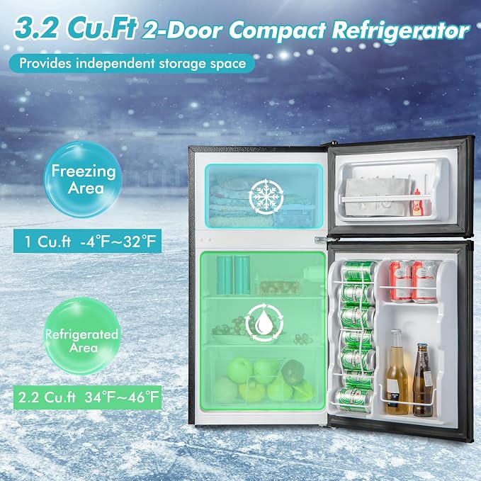 COSTWAY 3.2 Cu.Ft. Mini Fridge with Freezer, 2 Door for Office Bedroom Dorm | Compact Small Refrigerator with Reversible 2 Door, Adjustable Thermostat, Removable Glass Shelves for Food & Drink, Black - Image 4