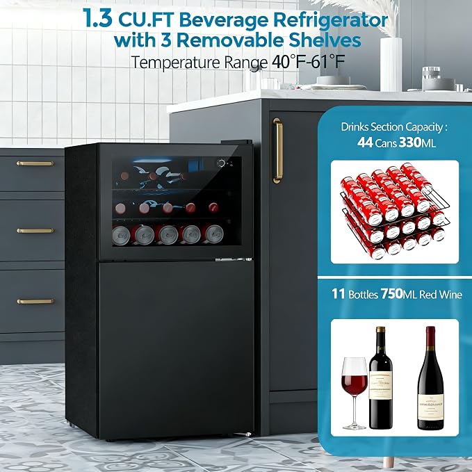 COWSAR 2.6 Cu.Ft Beverage Refrigerator & Mini Fridge with Freezer - Glass Door, Reversible Design, Adjustable Thermostat for Dorm, Office, Bedroom - Image 3