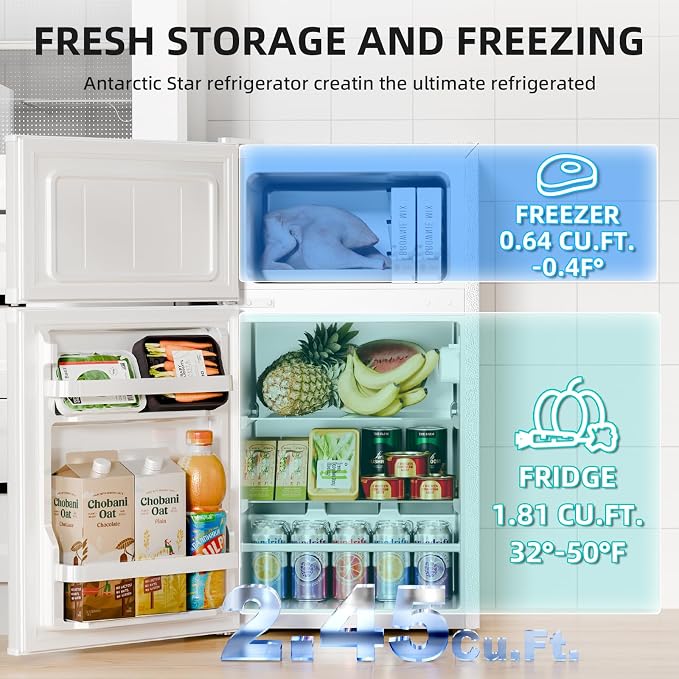 Antarctic Star Compact Mini Fridge with Freezer,Double Door with Adjustable Thermostat,Small Fridge Removable Shelves for Dorm/Office,2.5 Cu.Ft,WHITE - Image 3
