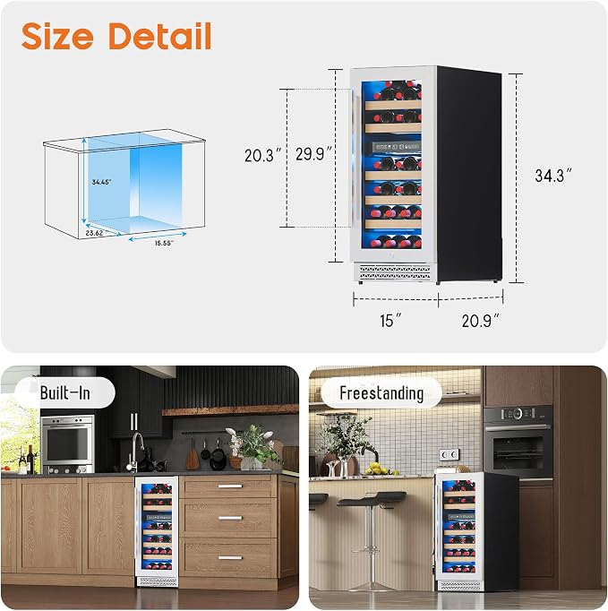 Albott 15 Inch Wine Fridge, Dual Zone 31 Bottle Wine Cooler | with Digital Temperature Control, Reversible Double-Layer Glass Door, Built-in or Freestanding Design for Home and Bar - Image 7