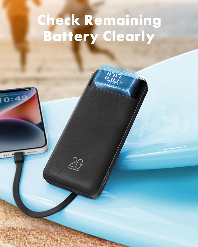 charmast 20000mAh Portable Charger with Built in Cables, 22.5W Travel Power Bank Fast Charging, USB C Cell Phone Battery Pack for iPhone 16/15/14/13/12/11 Series, iPad, Samsung, Android, Tablet - Image 7