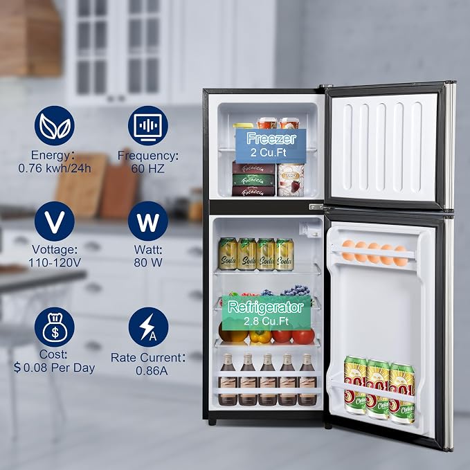 Small Refrigerator with Freezer 4.8 Cu. Ft. Mini Fridge with Freezer Silver | Compact Fridge for Apartment with Adjustable Thermostat & Removable Shelves, Mini Refrigerator for College, Dorm, Office - Image 4