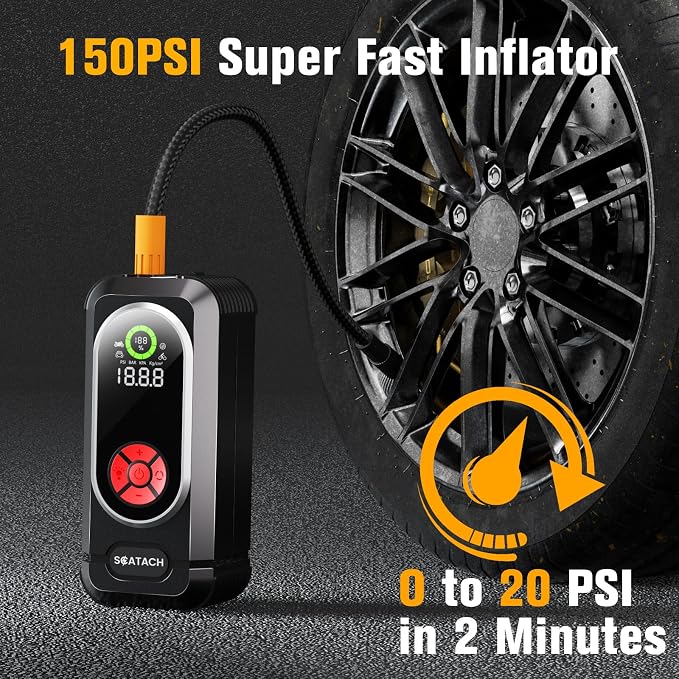 6000A Jump Starter with Air Compressor, Car Battery Jump Starter Portable (10.0 Gas/10.0L Diesel), 150 PSI 12V Car Battery Jump Box with Tire Inflator, Jumper Cables, LED Light, LED Display - Image 2