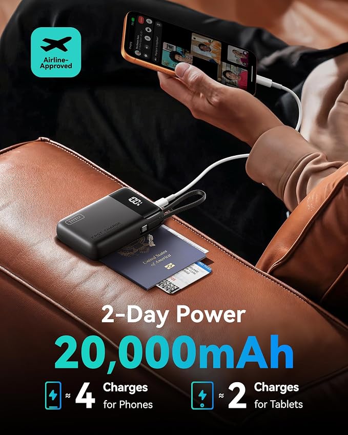 INIU 20000mAh Power Bank, Small Portable Charger, 45W PD Fast Charging Battery Pack with Build in USB-C Cable, Travel Phone Charger for iPhone 17 16 15 14 Air Samsung S25 S24 Google iPad Xiaomi, Black - Image 2