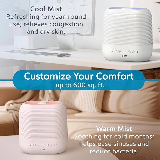 Pure Enrichment HUME Sense Warm & Cool Mist Top-Fill Humidifier, 2-Gal Tank, Up to 4.5 Days, Auto Humidity Sensor, 3 Mist Levels, Night Light, Aromatherapy, Sleep Mode & Auto Shut-Off - Image 4