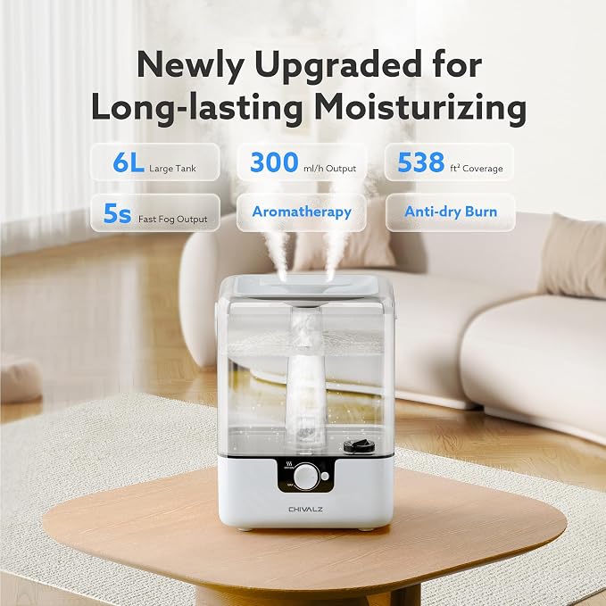 CHIVALZ Humidifiers for Bedroom Large Room Home, 6L Cool Mist Humidifier for Baby and Plant, Oil Diffuser, Top Fill Humidifier with Night Light, Quiet 26dB, Up to 50H, White 1Pack - Image 2