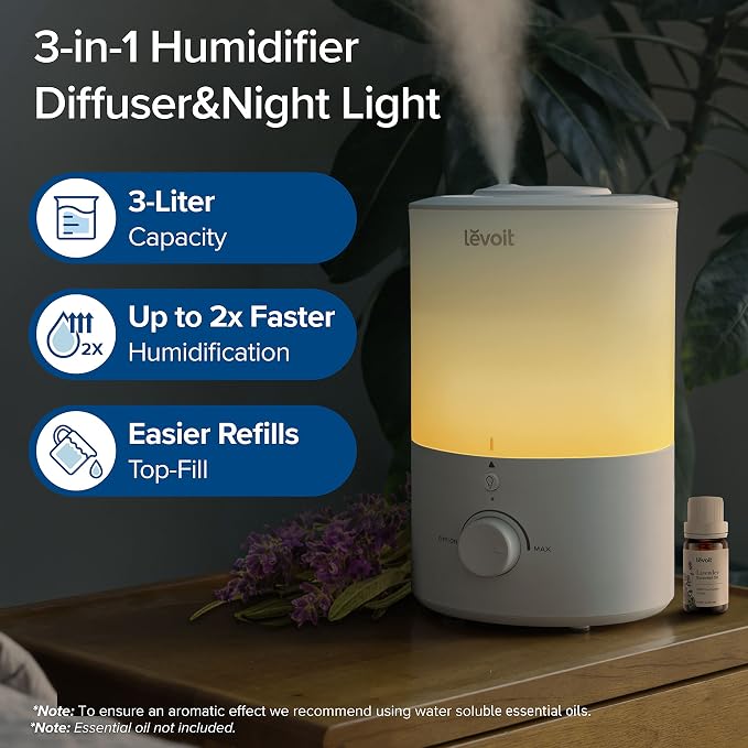 LEVOIT Humidifiers for Bedroom with Night Light(3L Water Tank)Cool Mist Top Fill Essential Oil Diffuser for Baby Nursery and Plants, 360° Nozzle, Quiet, Rapid Humidification for Home Large Room, White - Image 2