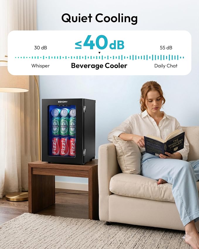 EUHOMY 18L Beverage Refrigerator Cooler, 24 Cans Mini Fridge with Quiet Compressor, Countertop Small Fridge with 40°F-61°F Digital Temperature Control, LED Lgiht for Home, Bar, Office - Image 6