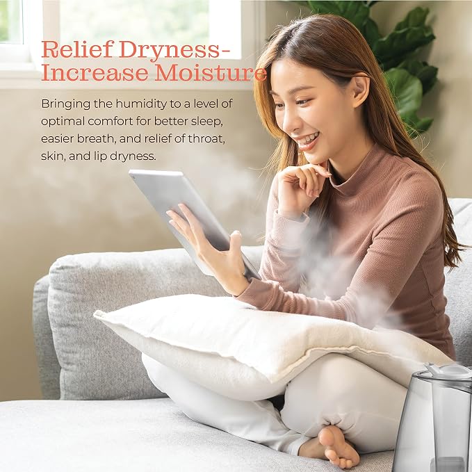 Cool Mist Humidifier - 2.2L Water Tank, for Bedroom, Baby, Quiet Ultrasonic Air Vaporizer, Adjustable Mist Level, 360 Nozzle Rotation, Auto-Shut Off, Large Area Humidifiers Easy Fill and Clean (Grey) - Image 8