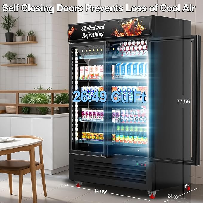 Commercial 2 Glass Door Display Beverage Refrigerator 1370 Can Black | Fast cool, self-closing door, ad board, LED light, for store/office - Image 6