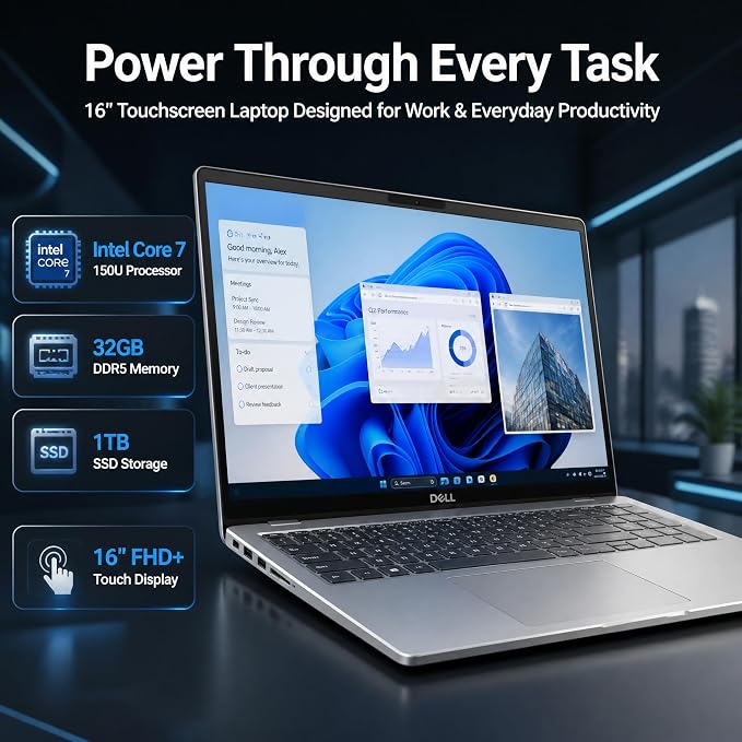 Dell 16 DC16251 Touchscreen Laptop, Intel 10-Core Core 7 150U (Up to 5.4 GHz), 16" FHD+ IPS 300 Nits Display, 32 GB DDR5 RAM, 1 TB SSD, Copilot AI, Fingerprint, Backlit KB, Wi-Fi 6E, Windows 11 Pro - Image 2