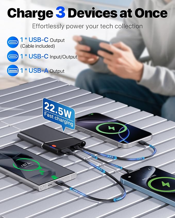 Aaoyun Portable Charger Power Bank, 10000mAh 22.5W PD Fast Charging Powerbank with Built-in USB C Cable, Slim External Phone Battery Pack for iPhone 17/16/15 Samsung S24 Android etc (Grey) - Image 3