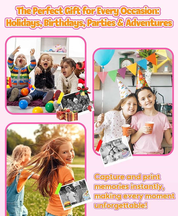 Kids Instant Print Camera Ages 3-12 1080P Selfie 2.4" Screen 32GB Gift Pink | - Image 7