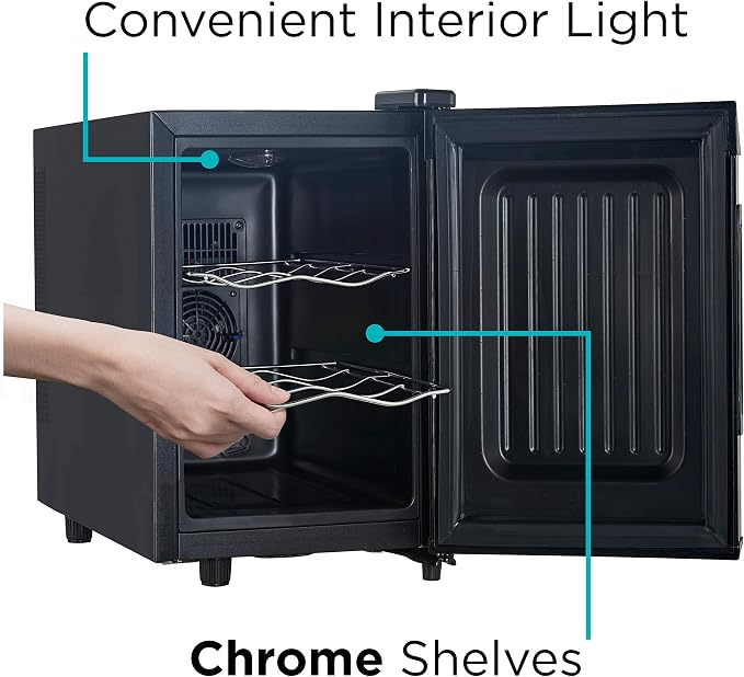 BLACK+DECKER 6-Bottle Thermoelectric Wine Chiller, BD60316, Mirrored Door | Thermoelectric Wine Cooler with Temperature Control, 6 Bottle Fridge for Reds, Whites and More, LED Display, Chrome Racks - Image 6