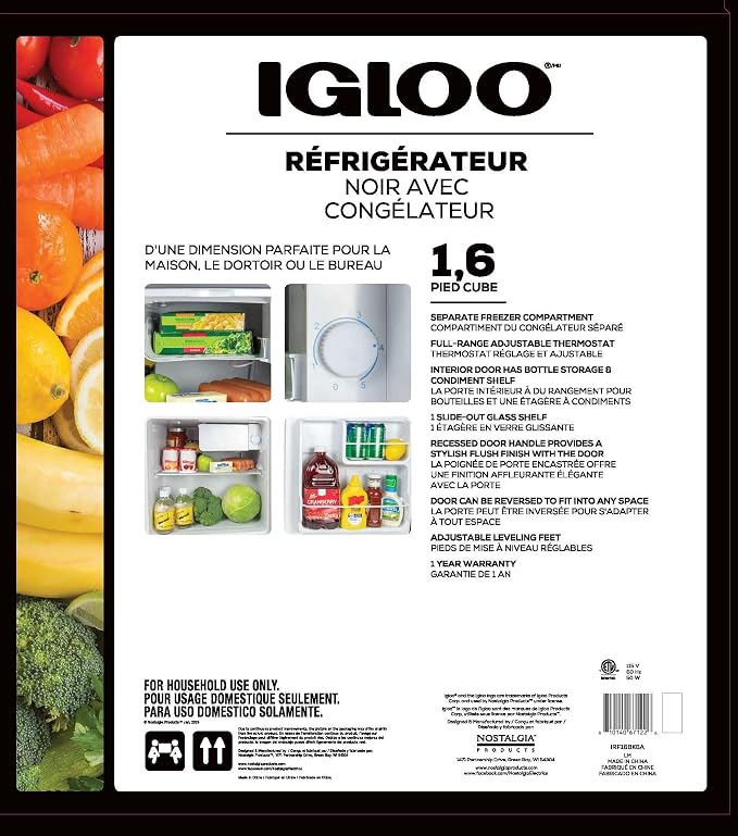 Igloo 1.6 Cu.Ft Mini Fridge with Freezer- Single Door Compact Refrigerator with Glass Shelves for Homes, Dorms & Offices- Keep Snacks, Drinks & Frozen Foods Cool with Temperature Control Fridge- Black - Image 3