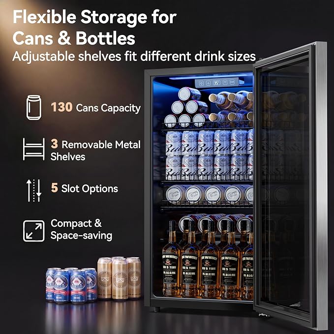 3.2 Cuft Beverage Fridge, 130 Can Mini Fridge With Glass Door, Silver | Adjustable Shelves for Wine & Beer, Digital Temp Display, Freestanding for Home & Office, Quiet Compressor Cooling - Image 3