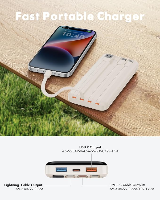 charmast 20000mAh Portable Charger with Built in Cables, 22.5W Travel Power Bank Fast Charging, USB C Cell Phone Battery Pack for iPhone 16/15/14/13/12/11 Series, iPad, Samsung, Android, Tablet - Image 8