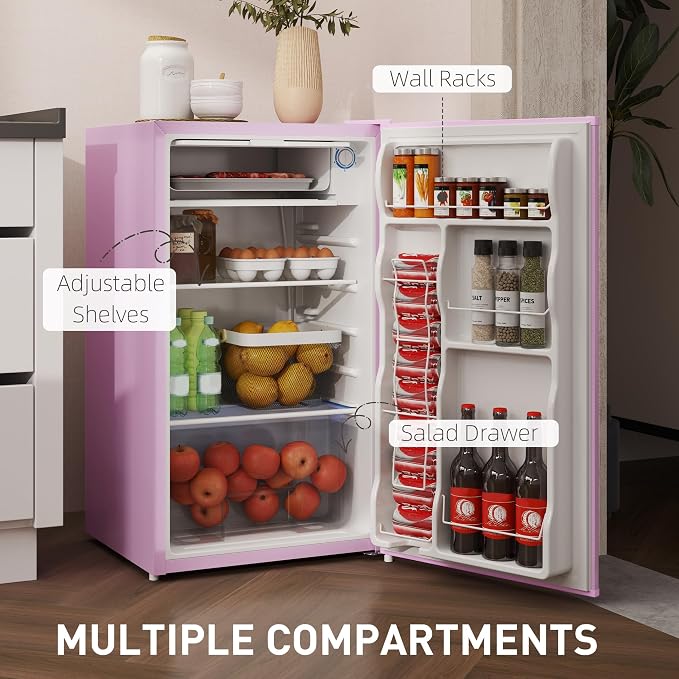 HOMCOM 3.2 Cu.Ft Mini Fridge with Freezer Single Reversible Door Pink | Compact Refrigerator, Adjustable Thermostat, Shelf, for Bedroom Dorm Home Office, Energy Efficient - Image 5