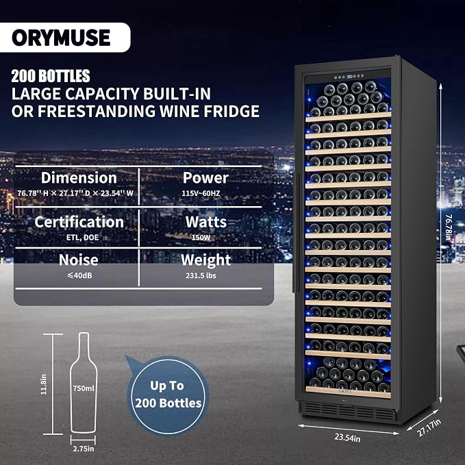 200 Bottle Upgrade Wine Cooler Refrigerator - 24 Inch Large Capacity Wine Fridge Built-In Freestanding, with Quiet Compressor, Professional Temperature Control & Wine Cellar - Black - Image 6