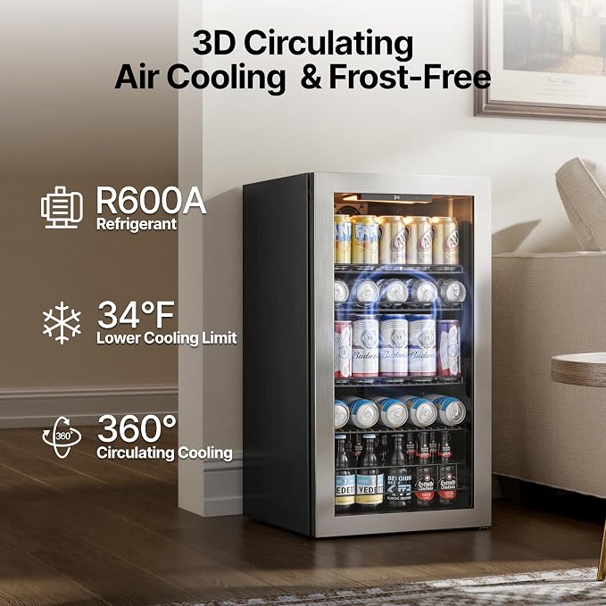 Ca'Lefort 105 Cans Mini Fridge, Beverage Refrigerator Cooler for Drink/Beer | 3.1 Cu.ft, Low-noise, Reversible Glass Door, 3-Color LED Lighting, Adjustable Shelves, 34℉ to 54℉ - Image 4