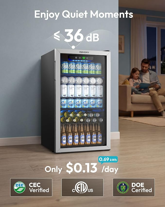 EUHOMY Beverage Refrigerator and Cooler, 128 Can Mini fridge with Glass Door, Small Refrigerator with Removable Shelves for Soda Beer or Wine, Perfect for Home/Bar/Office, Silver - Image 7