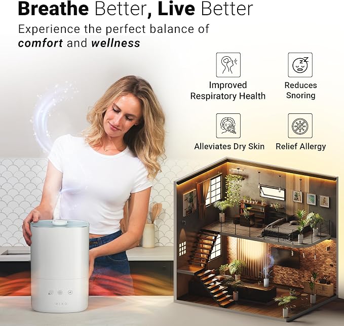 MIKO Ultrasonic Humidifiers for Bedroom Baby - Pre Filter, Wifi App controlled, Auto Mode, No Leak Design, Sleep Mode, Built-in Timer, Humidifier for Babies & Home - Image 2