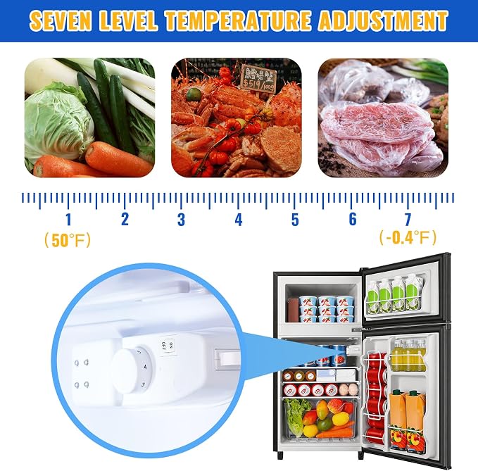 3.5 Cu.Ft Black Mini Fridge With Freezer Compact Refrigerator Dorm | Freestanding Fridge with 7 Level Adjustable Thermostat, Removable Shelves, Fast Cooling, Low Consumption - Image 2