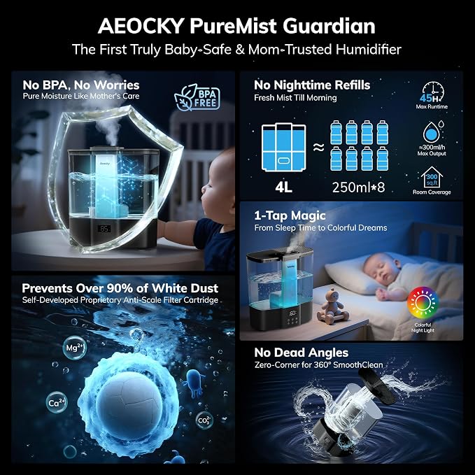 Geek-Level Aeocky Humidifier for Baby, Quiet Ultrasonic Humidifiers for Bedroom, Nursery with Ambient Light, 4L Top-Fill Cool Mist Diffuser with Timer, Sleep, Auto, Constant Humidity Mode (Black) - Image 2