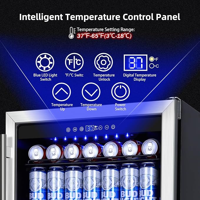 24 Inch Beverage Refrigerator, 180 Cans Built-in Beverage Cooler with Glass Door, Under Counter or Freestanding Drink Fridge with LED Light & Adjustable Shelves For Home Bar Office - Silver - Image 2